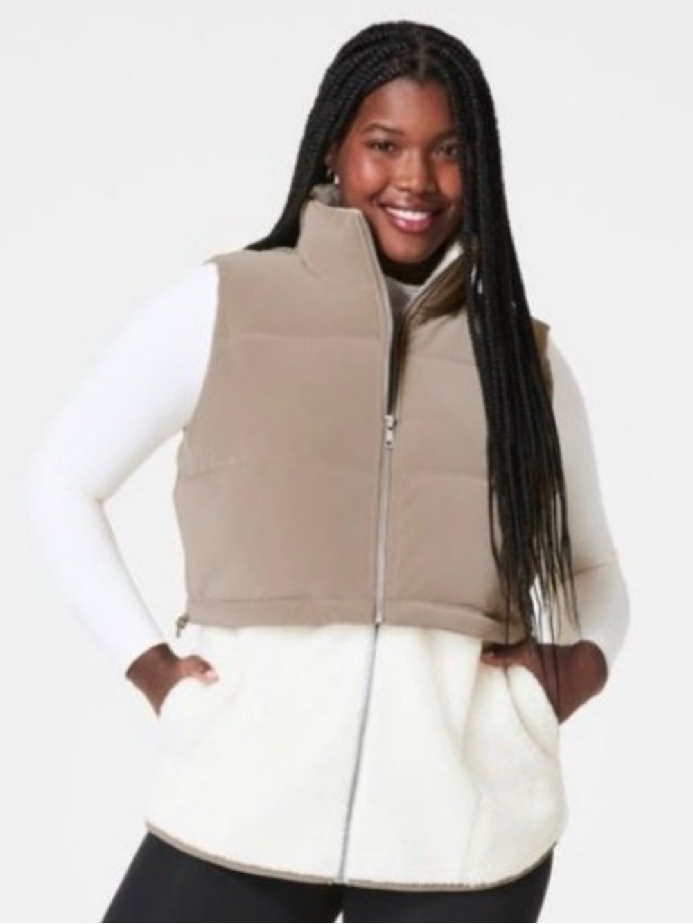 SPANX Two-Tone Puffer Vest with Sherpa Panel - Taupe and Cream (2X Tall)